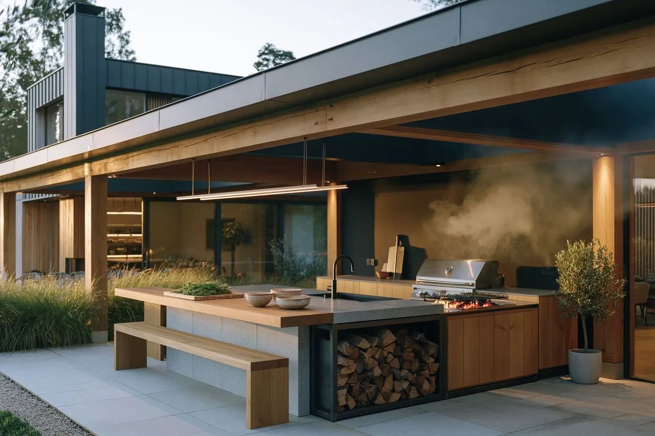 Design concept: contemporary flat-roofed oak pavilion with concrete worktop and stainless grill against a modern house