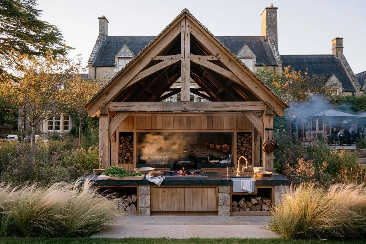 Design concept: freestanding gabled oak pavilion with full kitchen run, fire lit, manor beyond at golden hour
