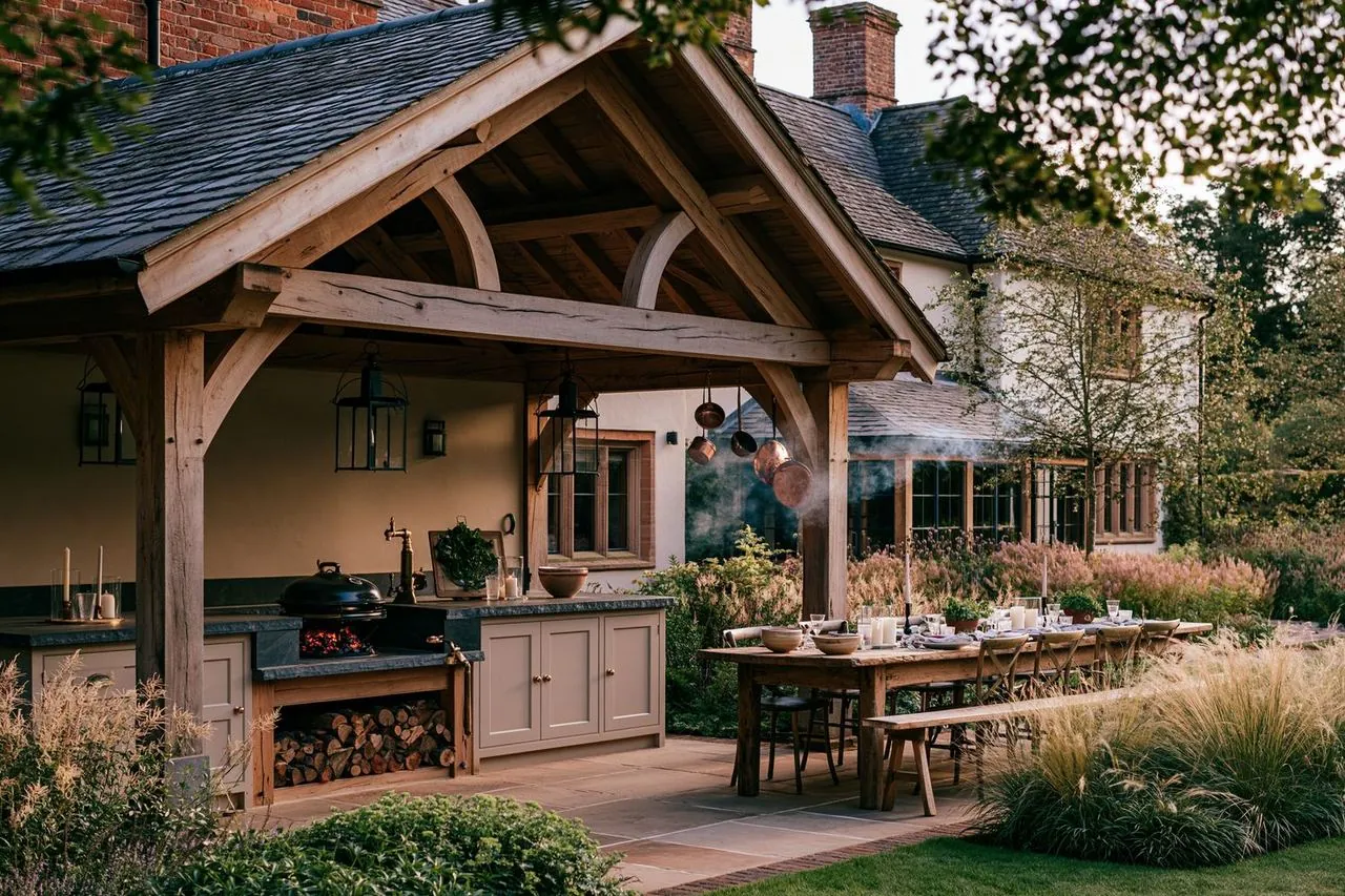 Design concept: oak-framed pavilion with painted Shaker cabinetry, honed stone worktop, kamado and a long dining table